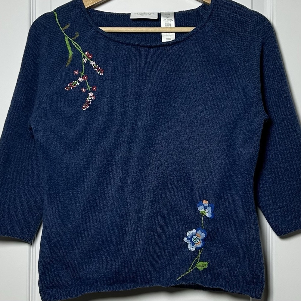 Liz Claiborne Lizwear Vintage Navy Floral Embroidered Top Cottagecore Style